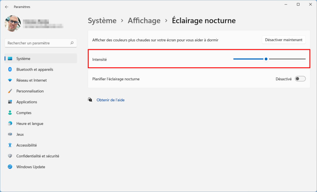 Win 11 Mode nocturne - régler intensité