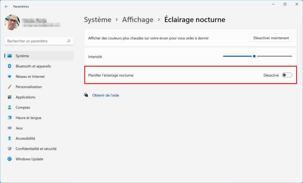 Win 11 Mode nocturne - activer planificateur