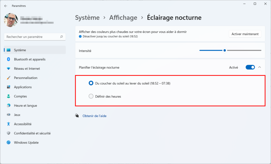 Win 11 Mode nocturne - soleil ou programmer