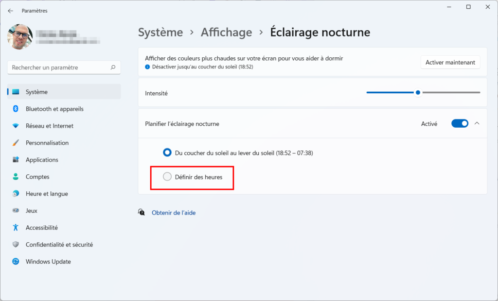 Win 11 Mode nocturne - Définir les heures