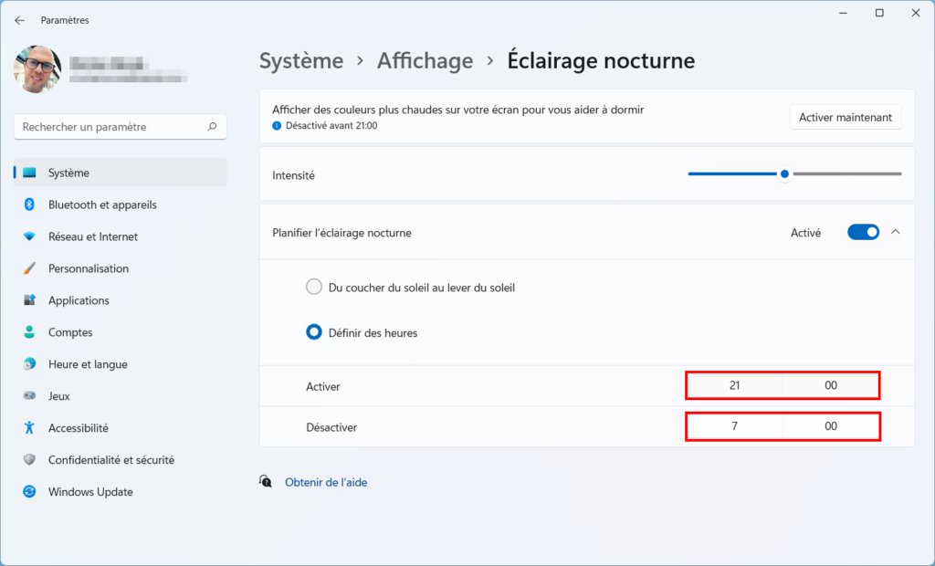 Win 11 Mode nocturne - heure activation désactivation