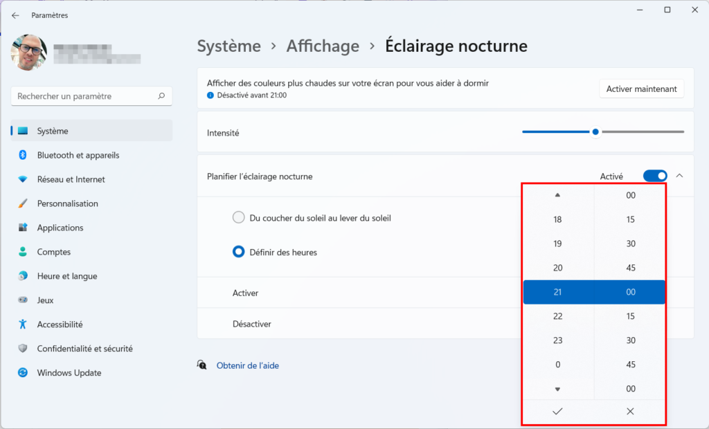 Win 11 Mode nocturne - fenêtre des horaires