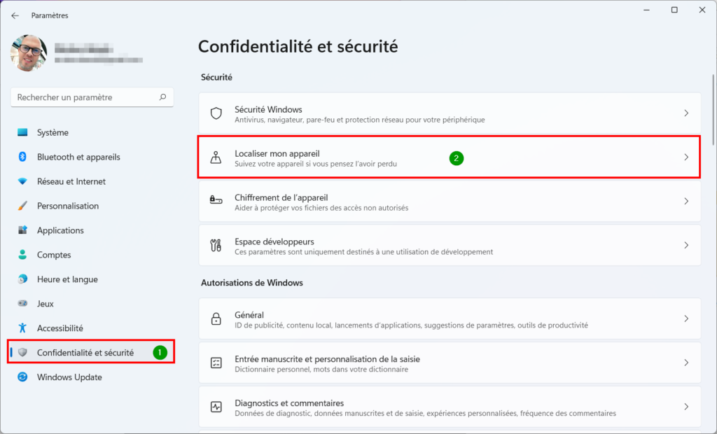 Win 11 confidentialité - localiser mon appareil