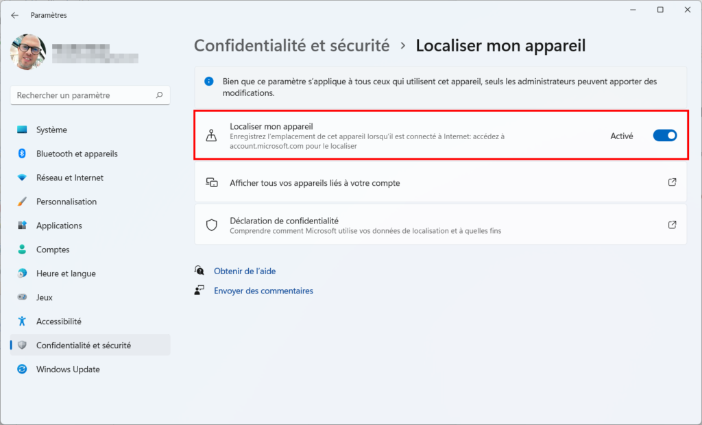 Win 11 confidentialité - désactiver localiser appareil