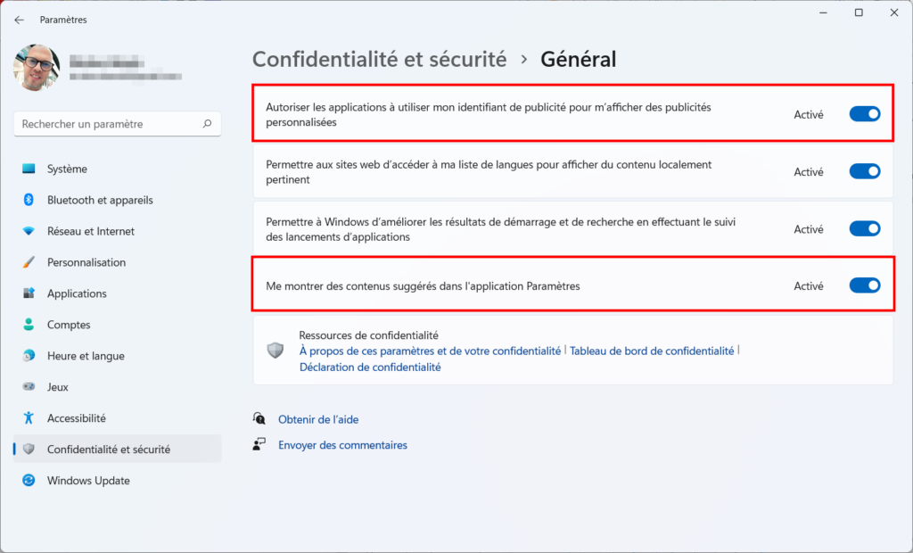 Win 11 confidentialité - ID publicités et contenus suggérés