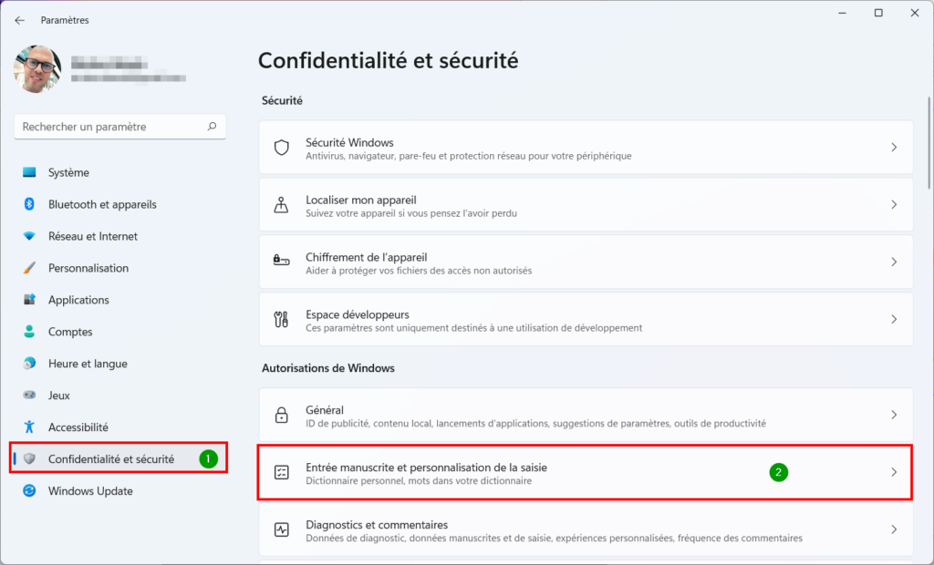 Win 11 confidentialité - entrée manuscrite