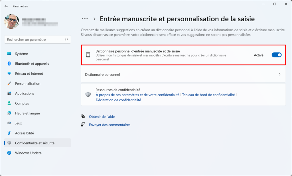 Win 11 confidentialité - désactiver entrée manuscrite
