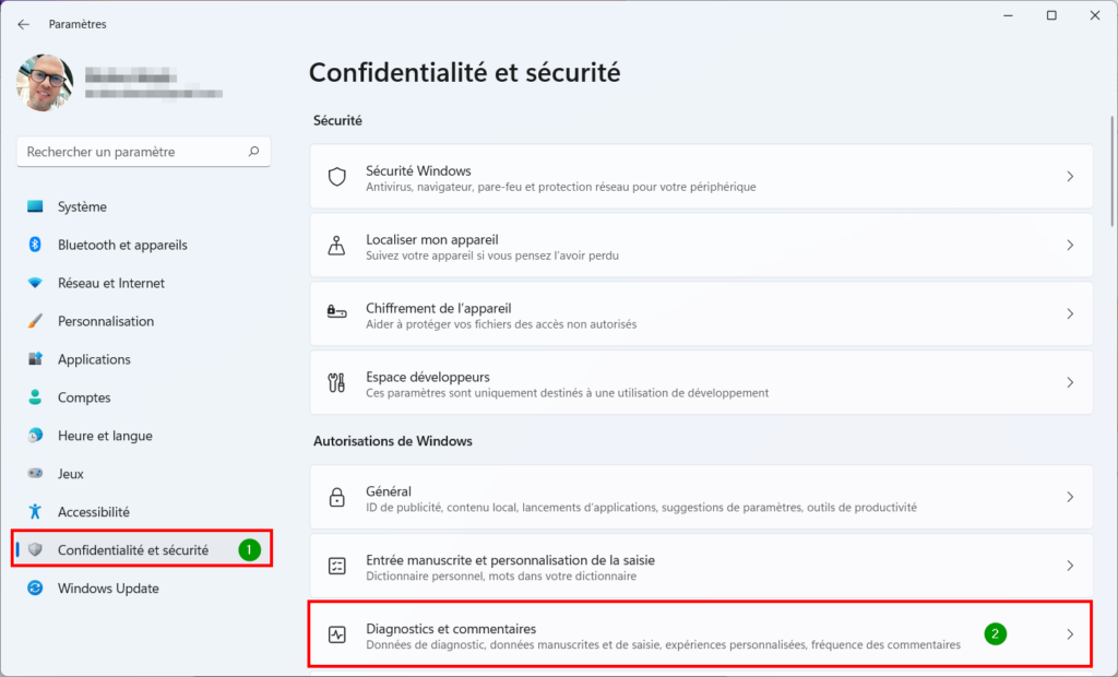 Win 11 confidentialité - diagnostic et commentaires