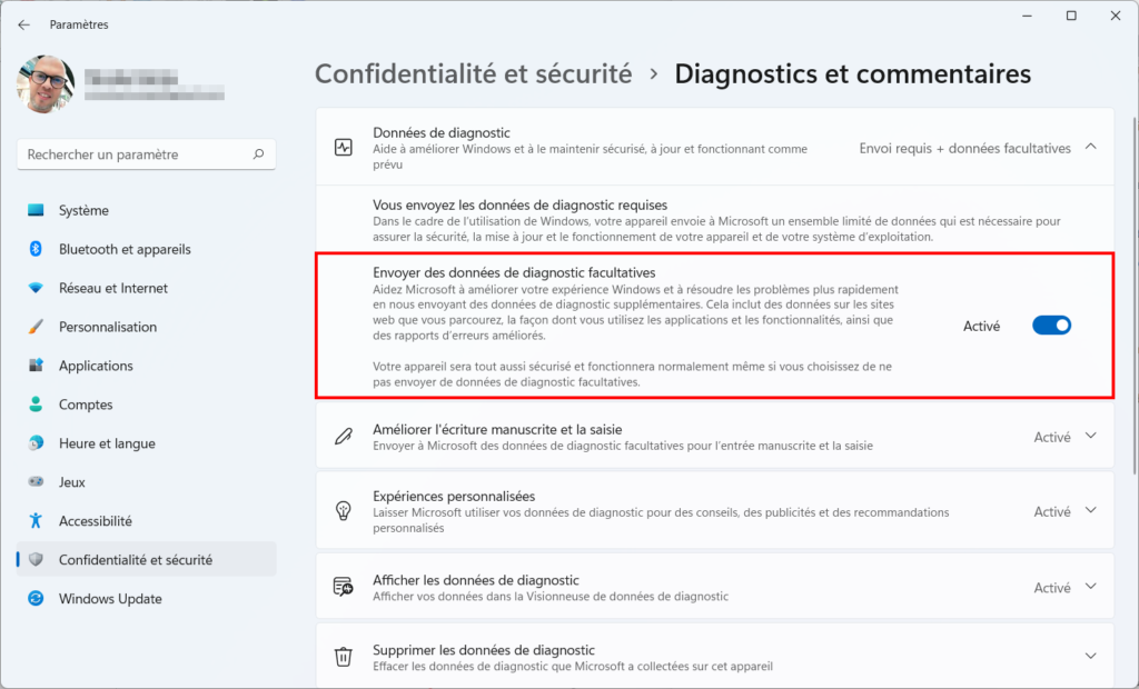 Win 11 confidentialité - désactiver diagnostic facultatives