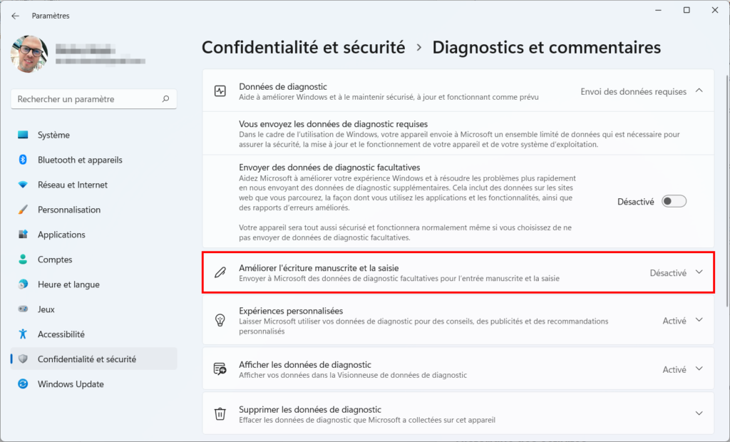 Win 11 confidentialité - désactiver saisi manuscrite