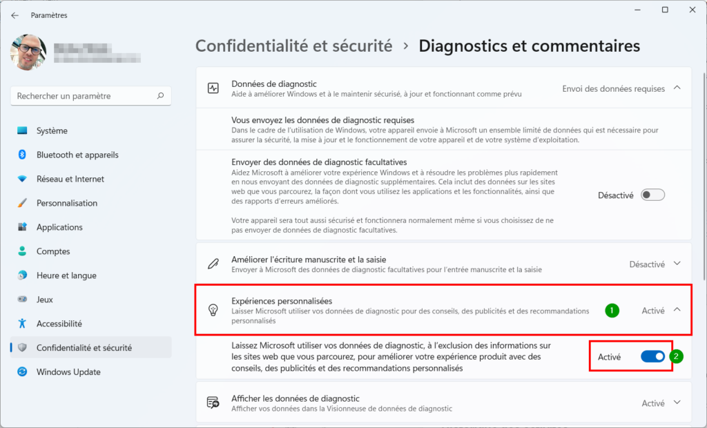 Win 11 confidentialité - désactiver expérience personnalisée