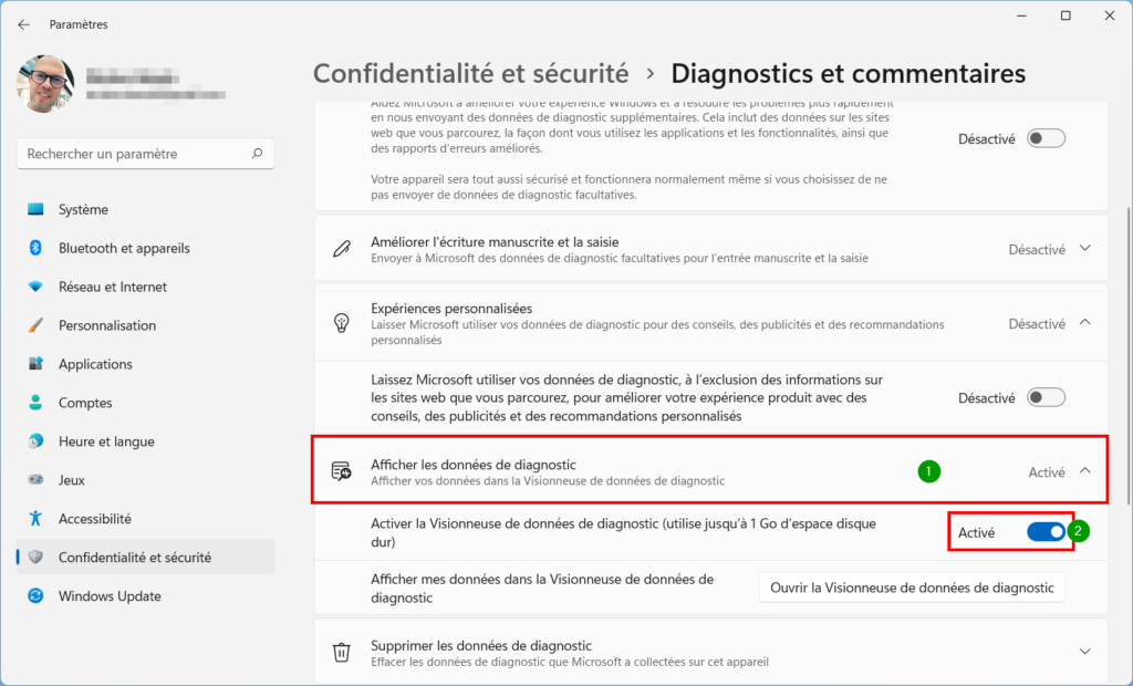Win 11 confidentialité - afficher les données de diagnostic