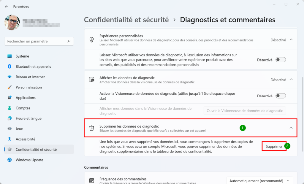 Win 11 confidentialité - supprimer les données de diagnostic