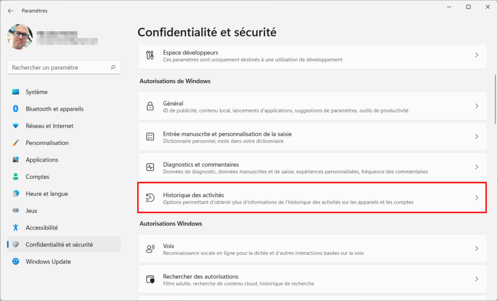 Win 11 confidentialité - historique des activités