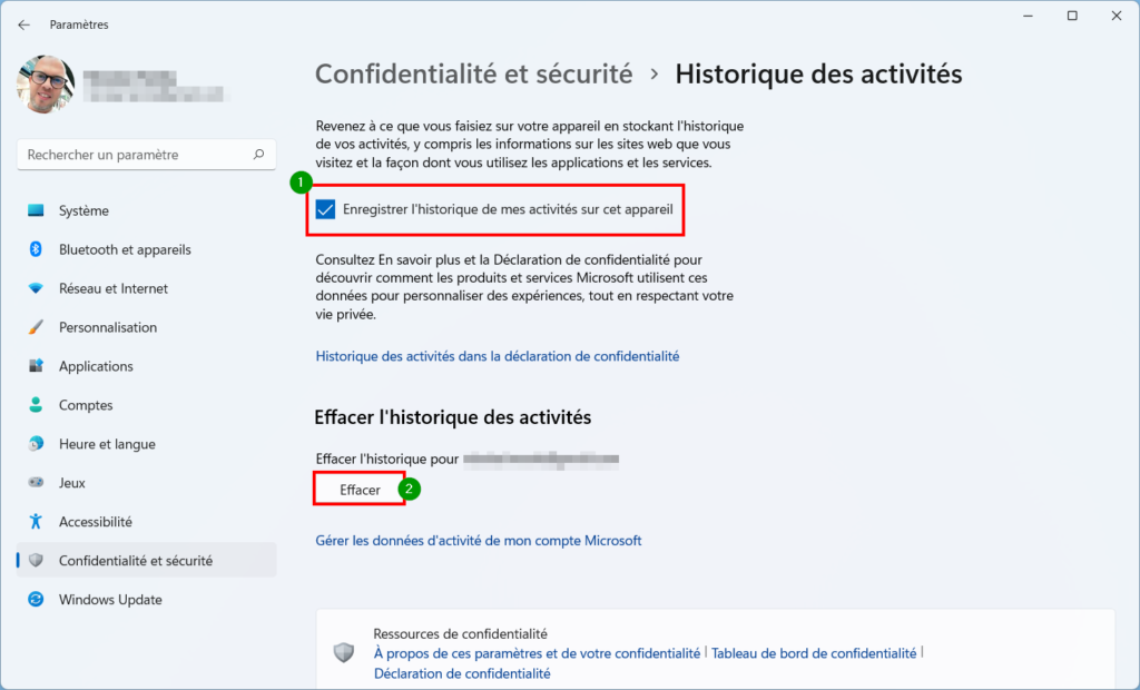 Win 11 confidentialité - annuler enregistrer historique activité