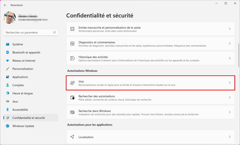 Win 11 confidentialité - Paramètres Voix