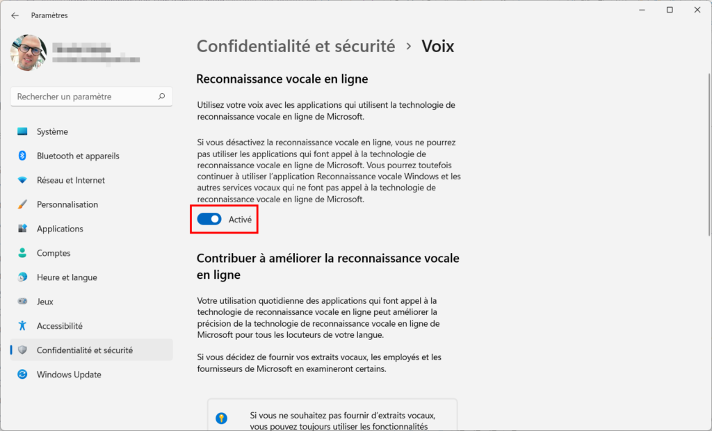 Win 11 confidentialité - désactiver reconnaissance vocale