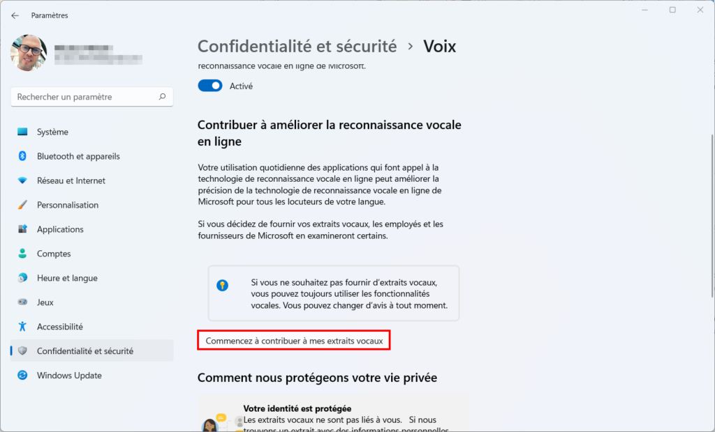 Win 11 confidentialité - commencer à contribuer extraits vocaux