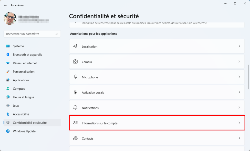 Win 11 confidentialité - informations sur le compte