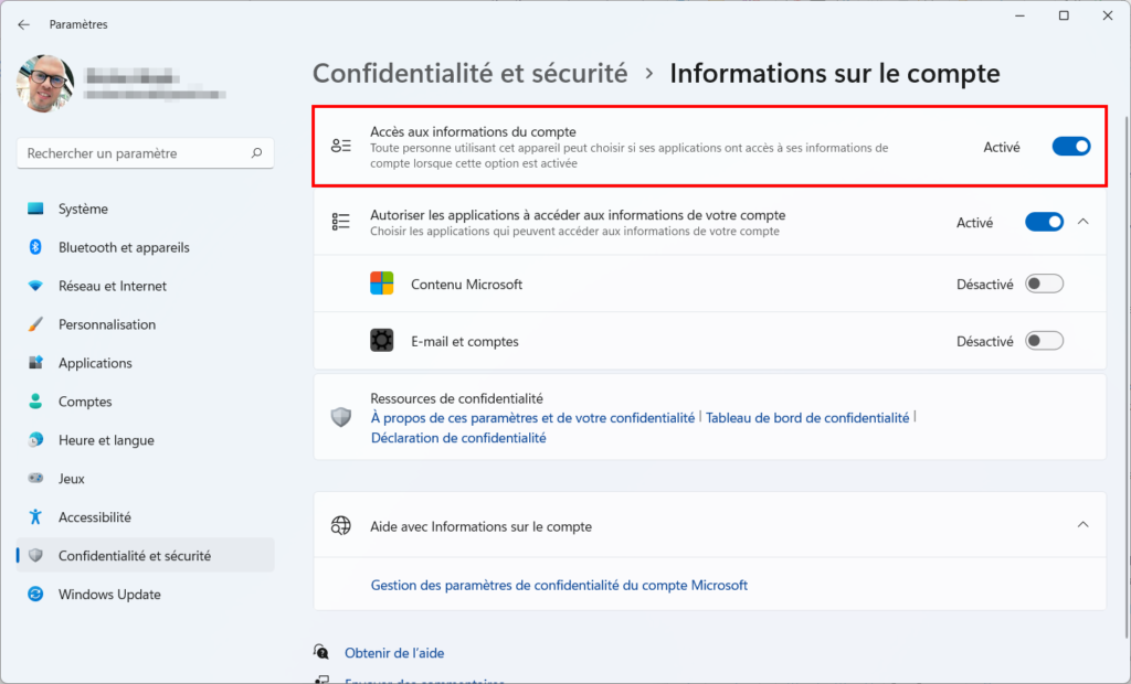 Win 11 confidentialité - désactiver informations sur le compte