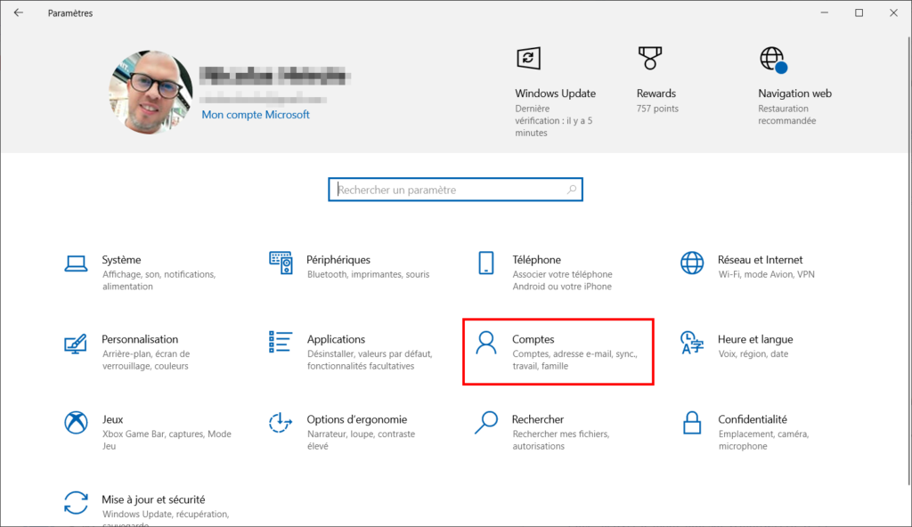 Windows Hello - Paramètres Comptes