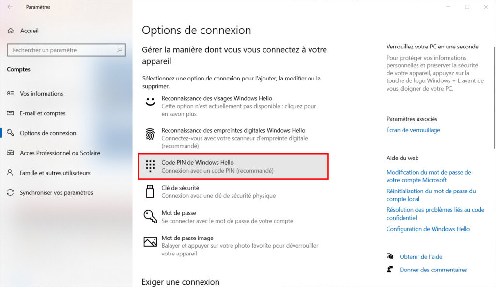 Windows Hello - Code PIN confidentiel