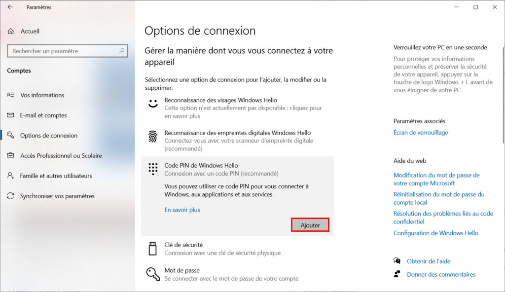 Windows Hello - Ajouter code PIN
