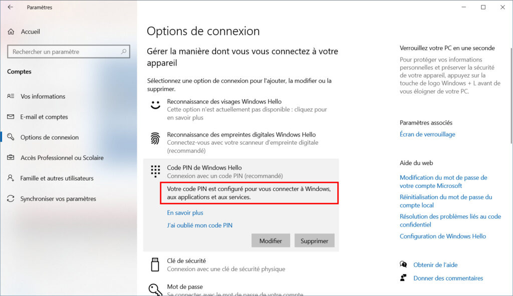 Windows Hello - code PIN configuré