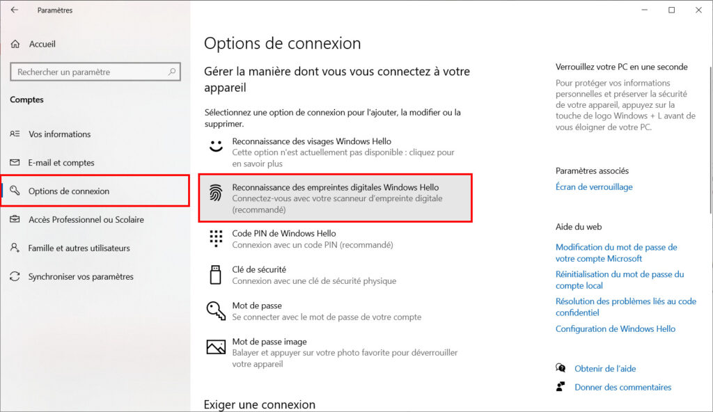 Windows Hello - Reconnaissance empreinte digitale