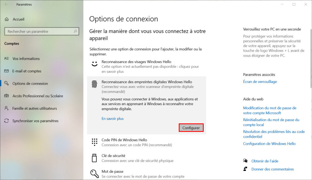 Windows Hello - configurer empreinte digitale