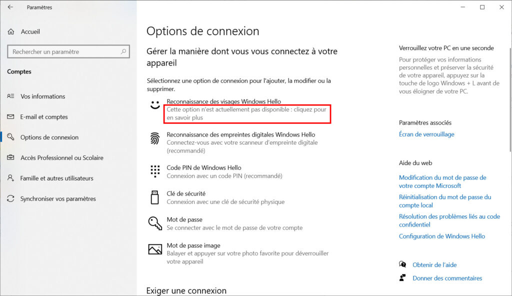 Windows Hello - Option non disponible