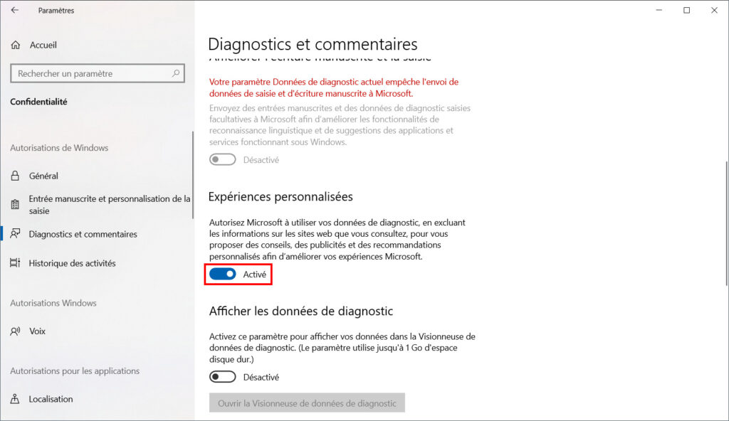 Windows 10 confidentialité - Désactiver expériences personnelles