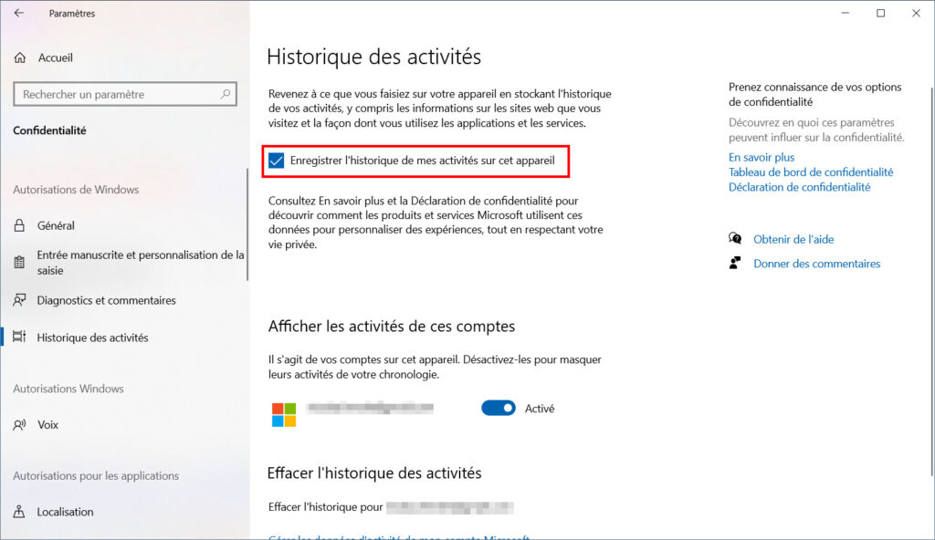 Windows 10 confidentialité - Ne pas enregistrer les activités