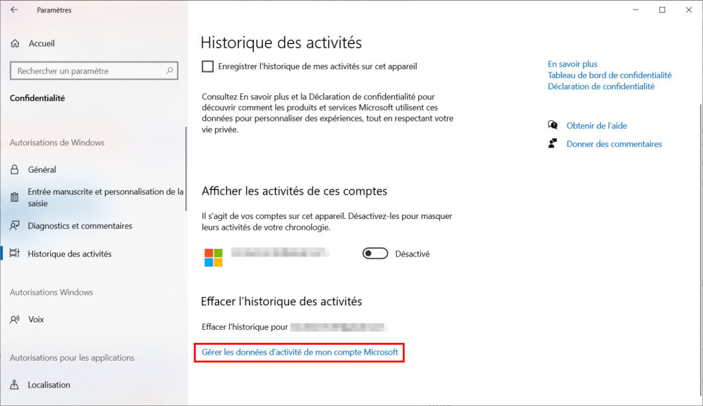 Windows 10 confidentialité - Supprimer historique activité compte