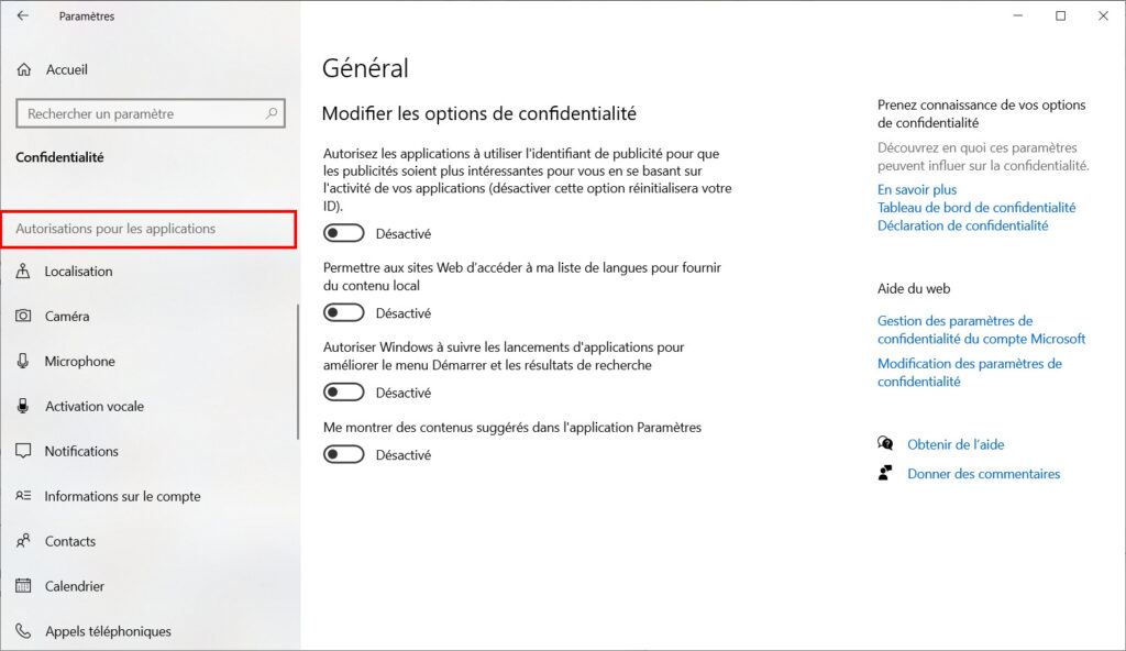 Windows 10 confidentialité - Autorisations pour les applications