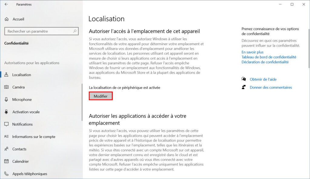 Windows 10 confidentialité - Modifier