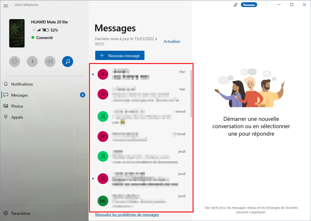 Mobile connecté SMS - affichage messages reçus