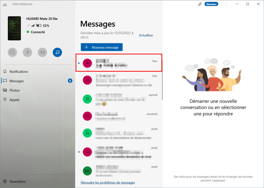 Mobile connecté SMS - ouvrir conversation