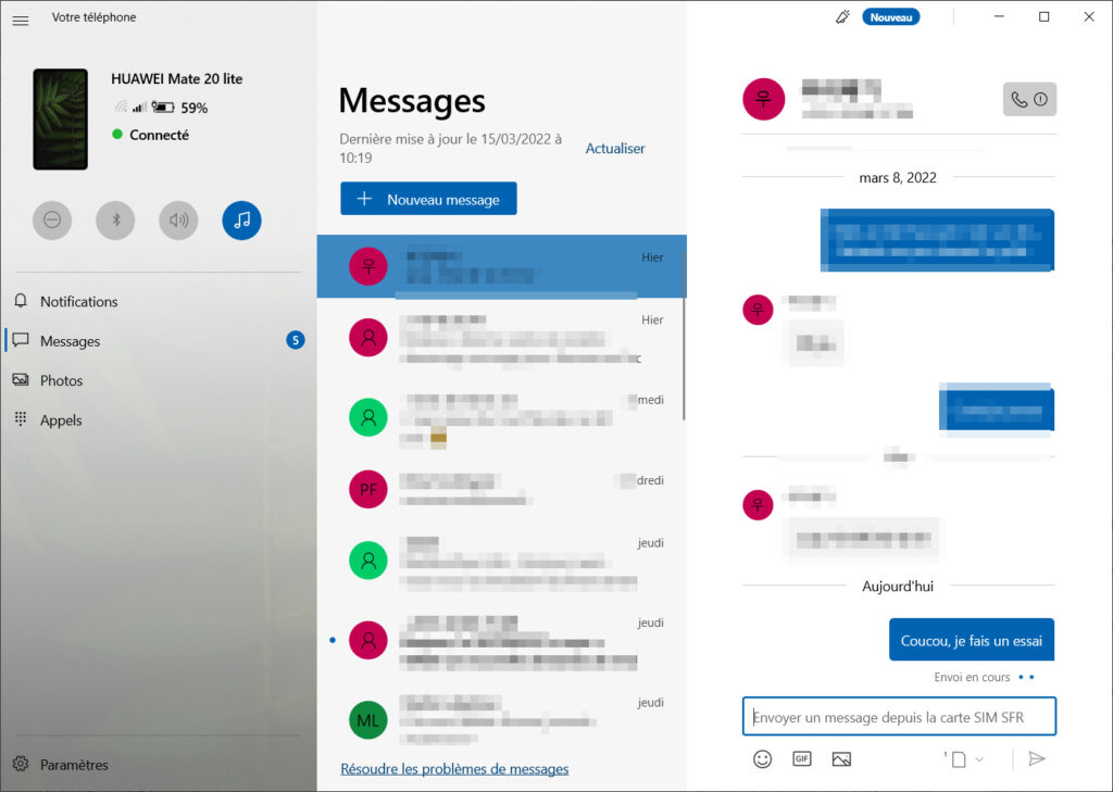 Mobile connecté SMS - message envoyé