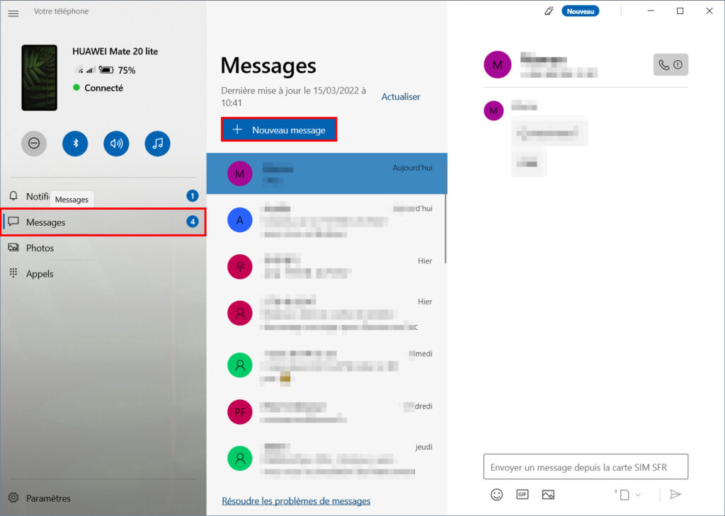Mobile connecté SMS - nouveau message