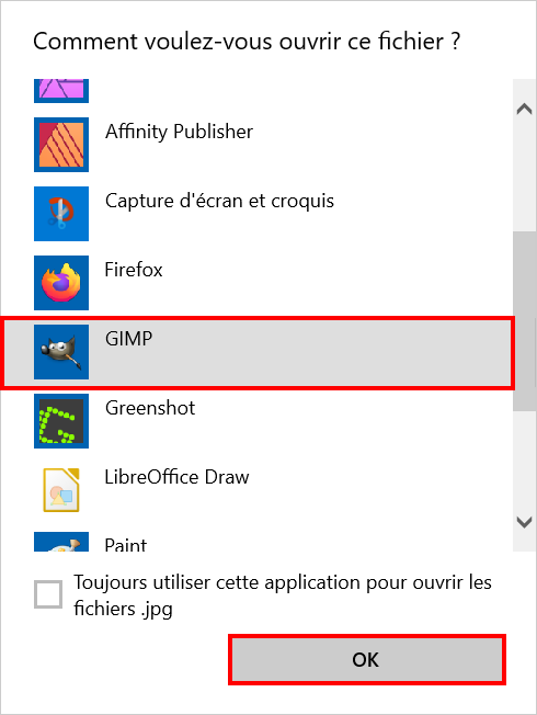 Mobile connecté Photos - ouvrir avec Gimp
