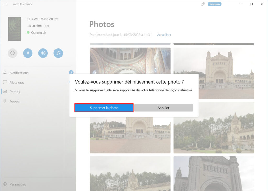 Mobile connecté Photos - Confirmer suppression