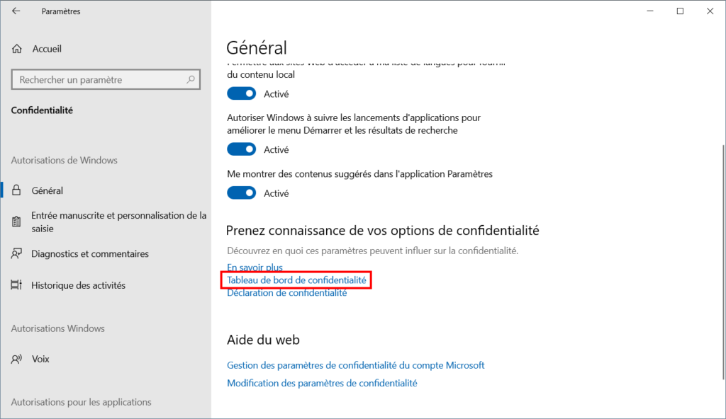 Tableau de confidentialité - Tableau de bord de confidentialité