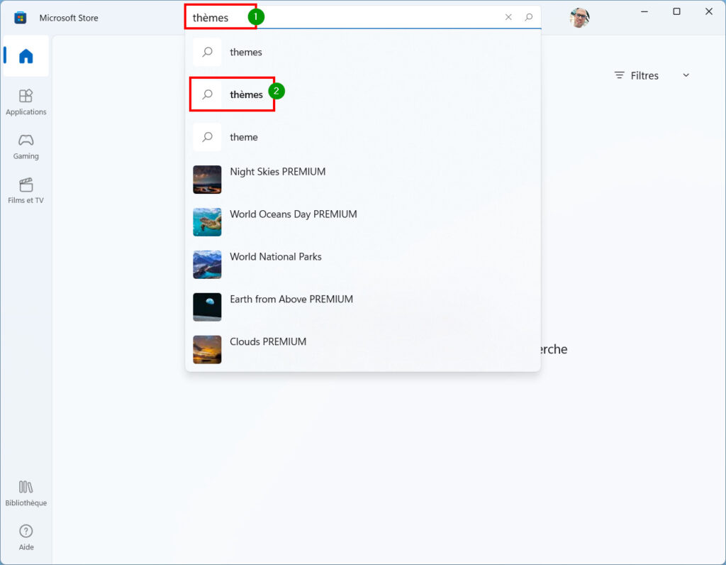 Windows 11 installer thème - taper thèmes et cliquer