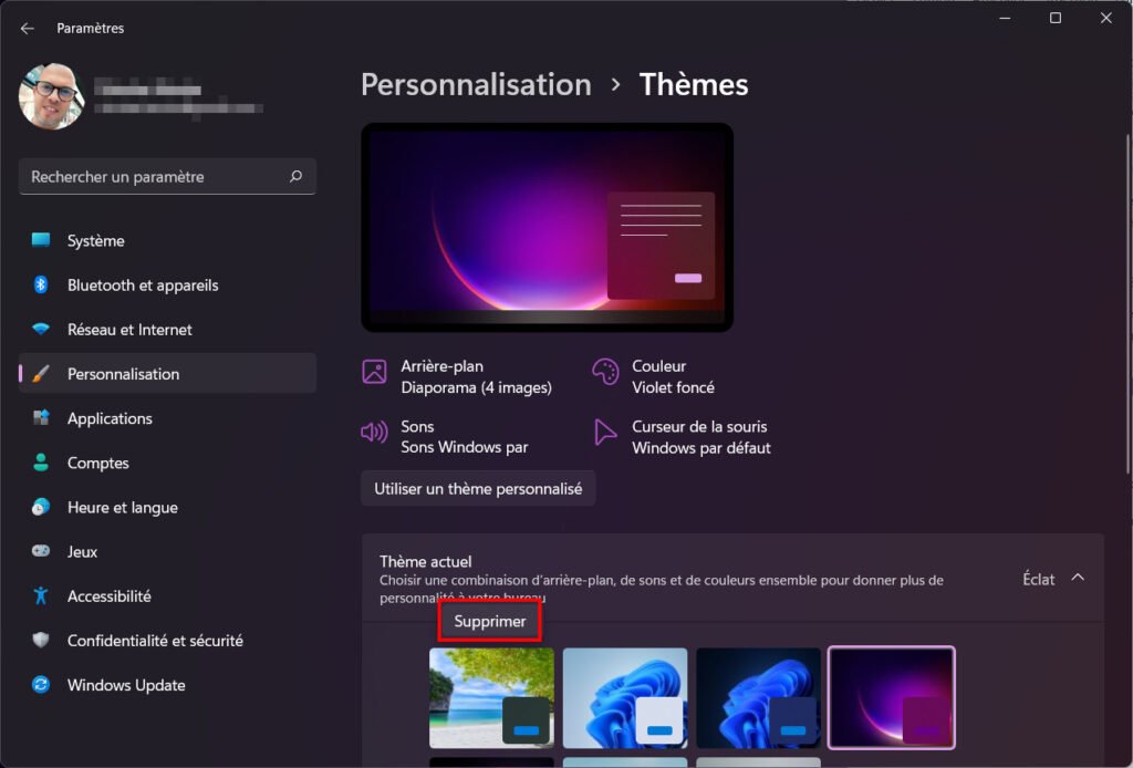 Windows 11 installer thème - Supprimer thème