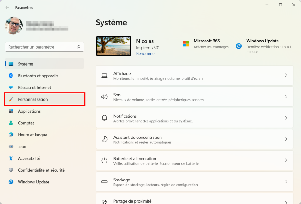 Windows 11 Personnaliser thème - Paramètres Personnalisation