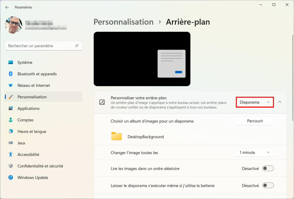 Windows 11 Personnaliser thème - Diaporama