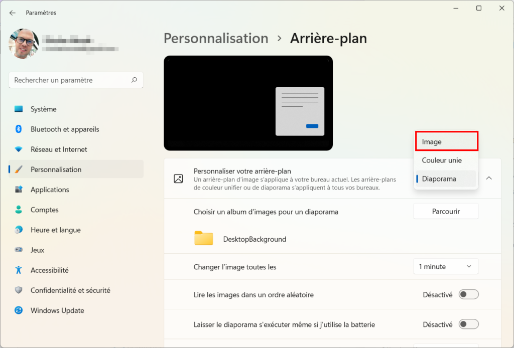 Windows 11 Personnaliser thème - sélectionner Image