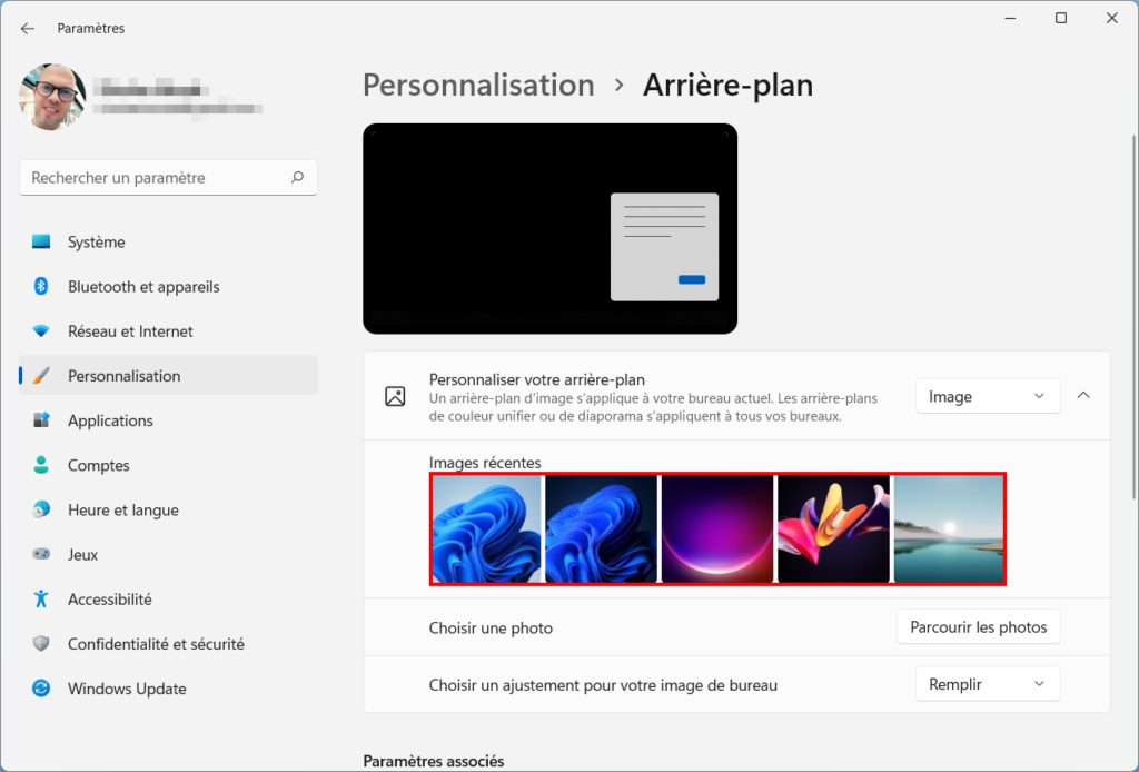 Windows 11 Personnaliser thème - Images récentes