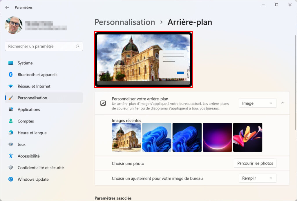 Windows 11 Personnaliser thème - Aperçu arrière-plan